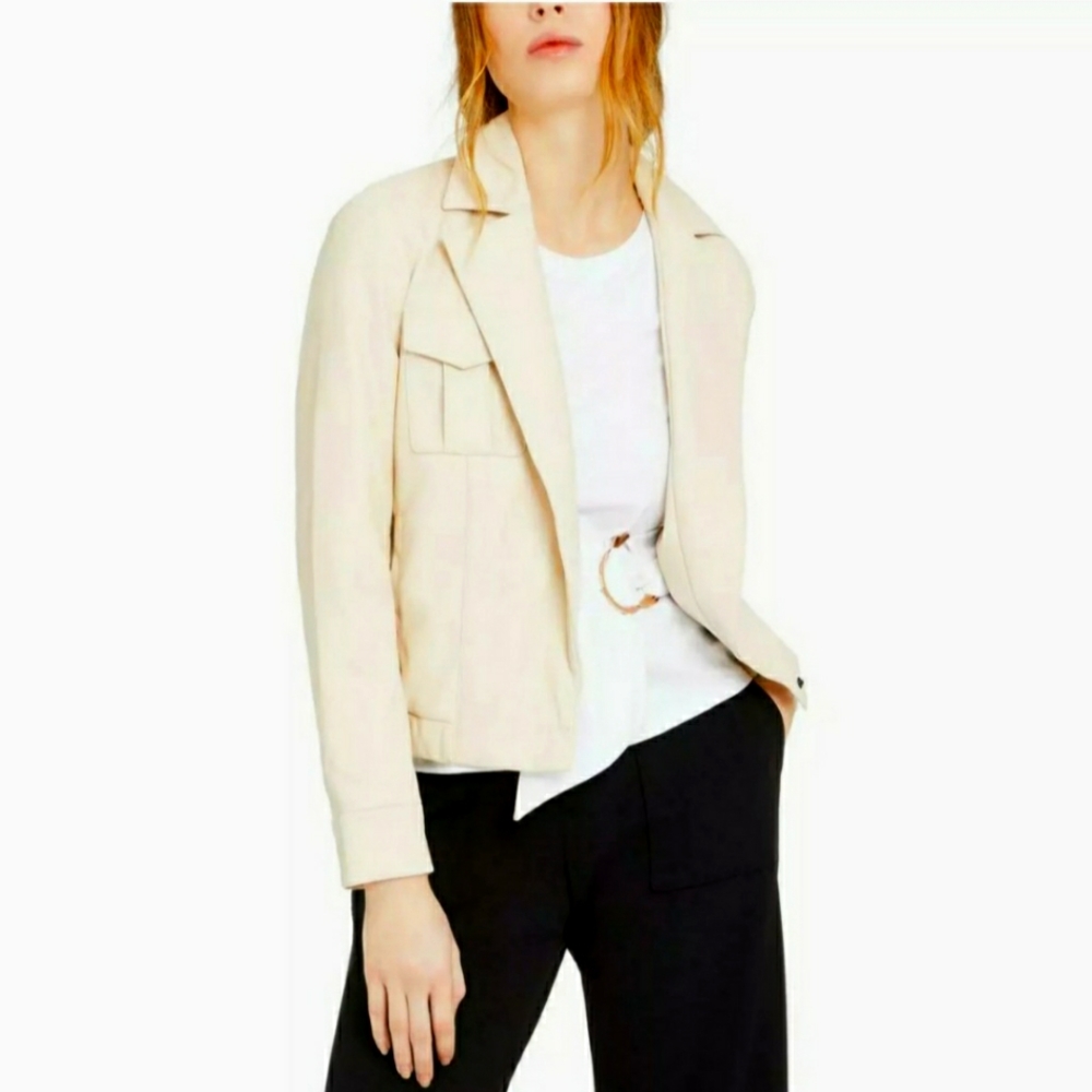 INC Womens Beige Faux Leather Utility Light Moto Coat Jacket L